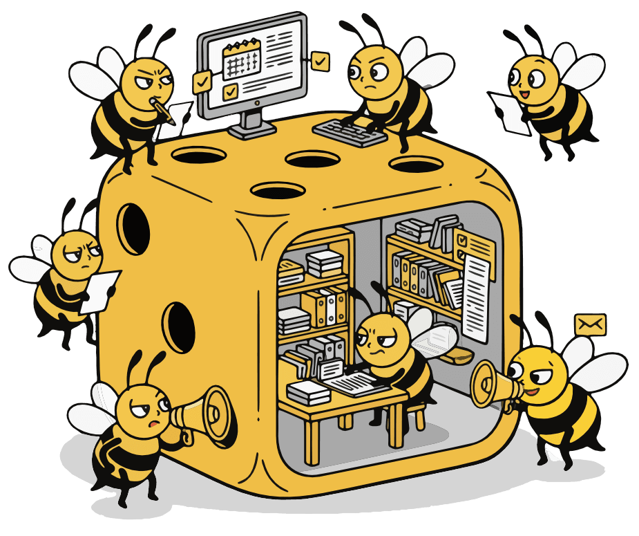 Abejas trabajando en una oficina con forma de dado